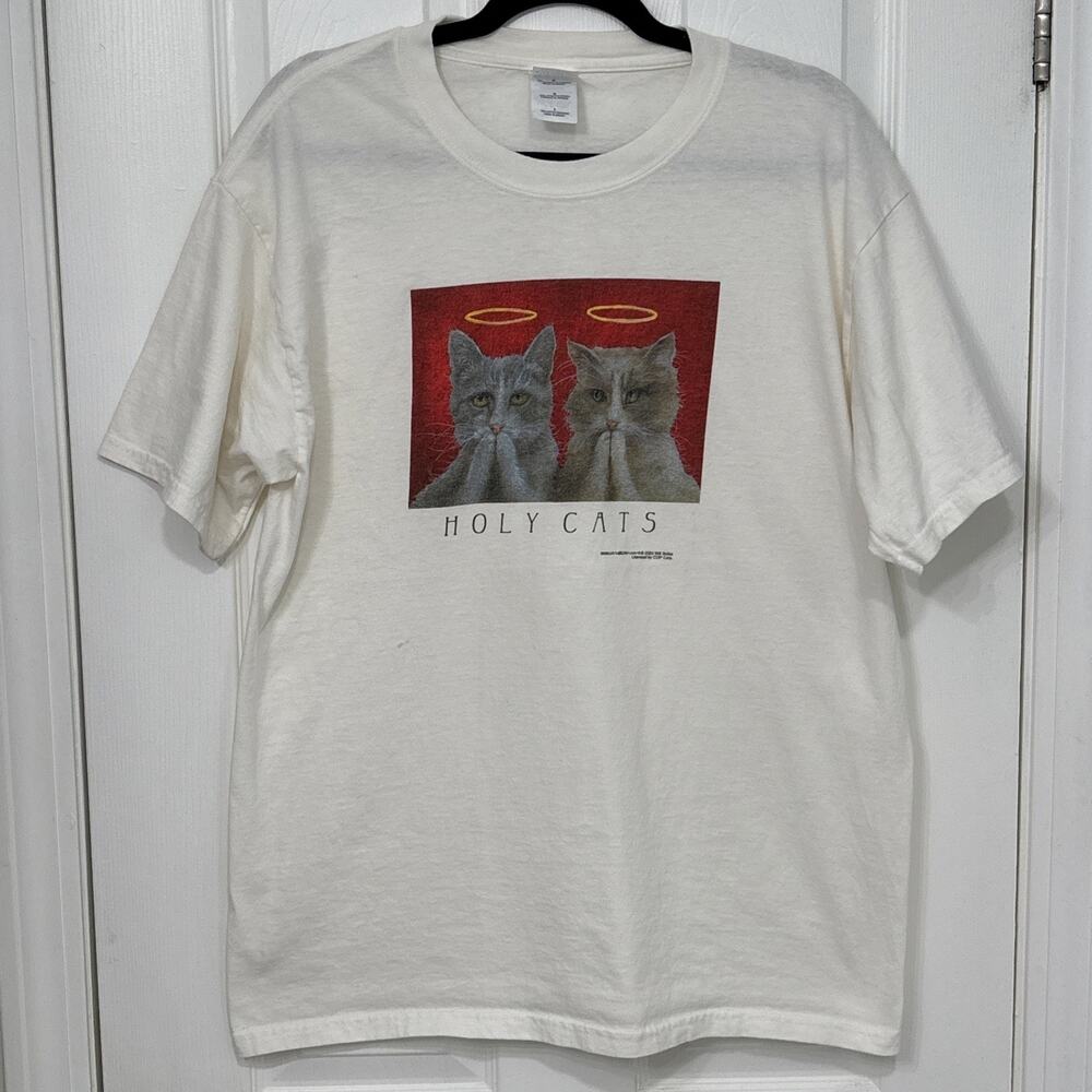 Vintage Will Bullas Holy Cats 2003 Earth Sun Moon Tee Shirt Angel Cat Religion